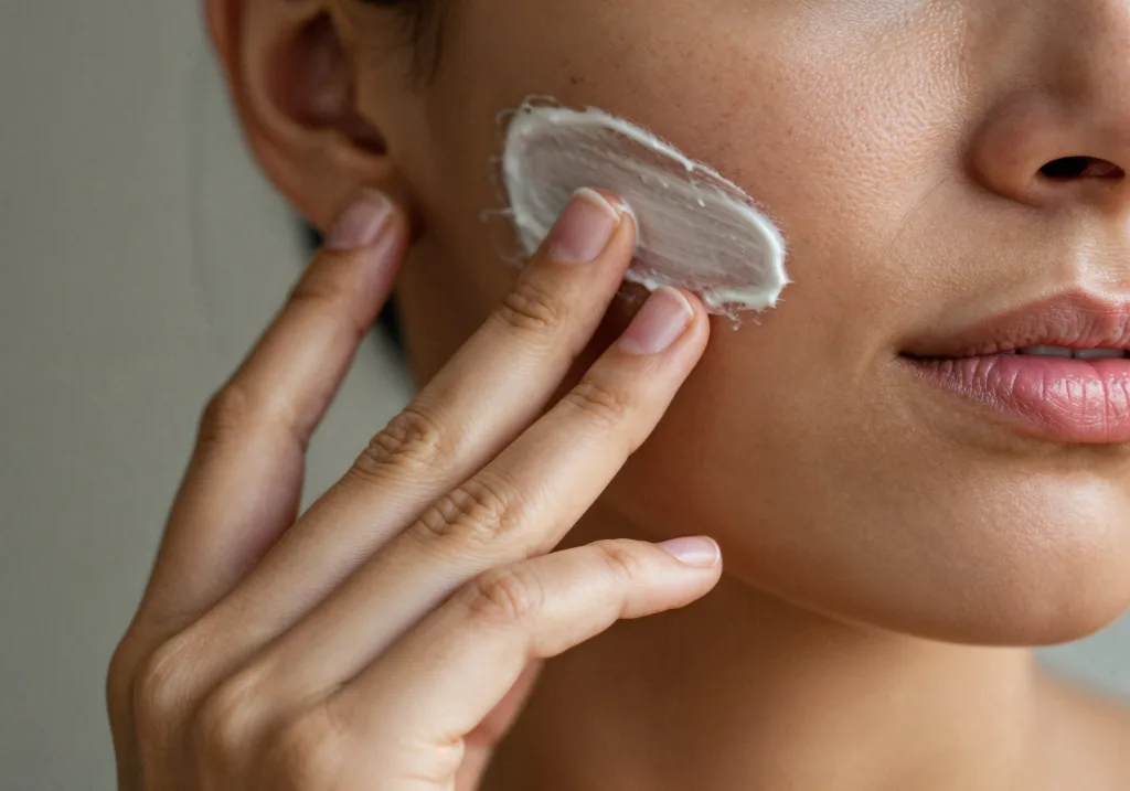 woman applying face cream her skin